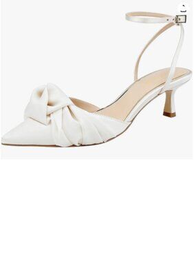 FOWT White Chiffon Bow Pointed Toe Satin Pumps Kitten Heel Ankle Strap Shoes
